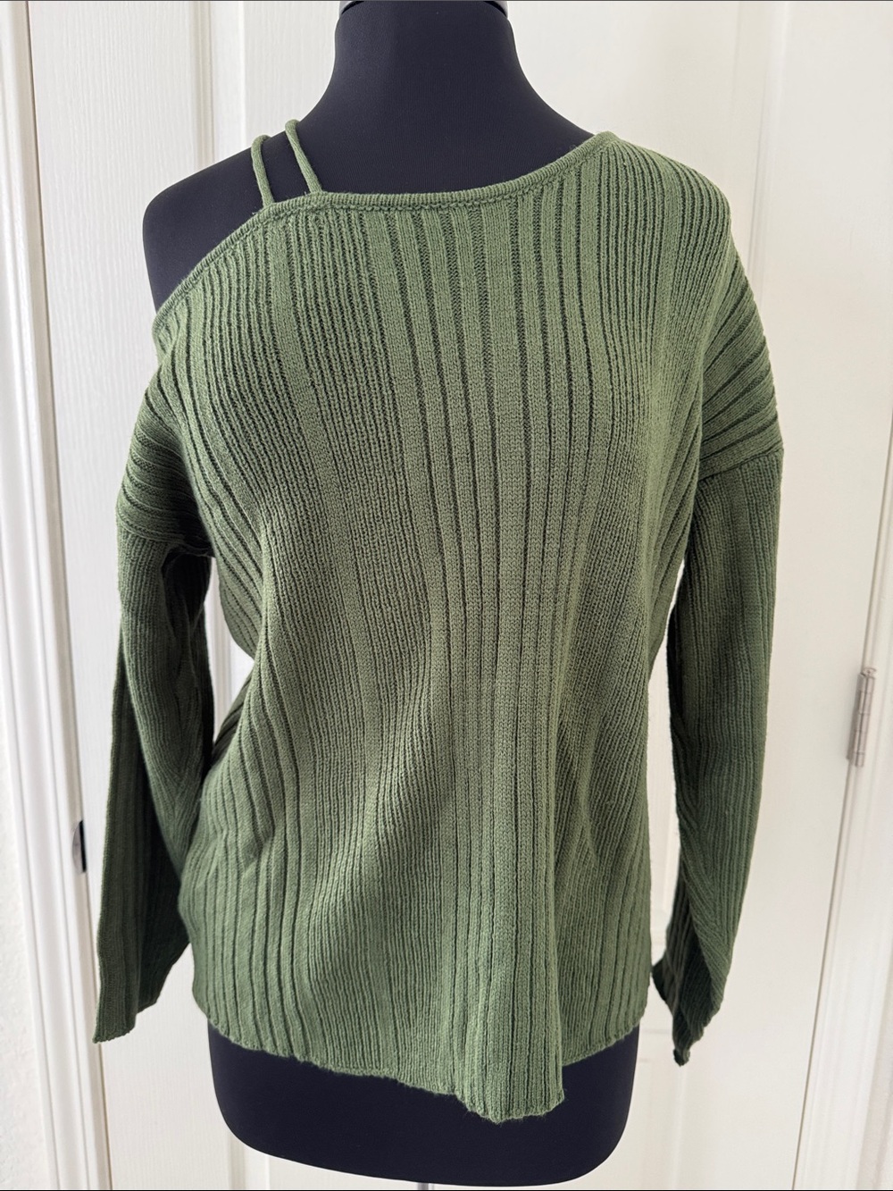 Cupshe Olive Green Off-Shoulder Ribbed Sweater with Double Strap